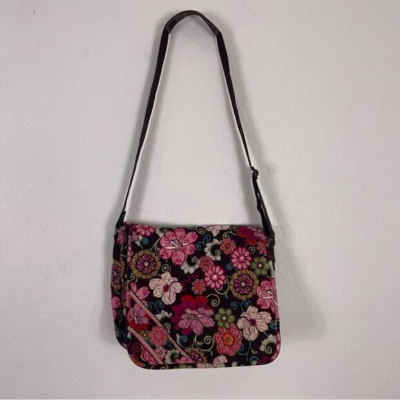 Vera Bradley Brown with Pink and Green Floral Book/Laptop Crossbody Bag - Picture 1 of 7